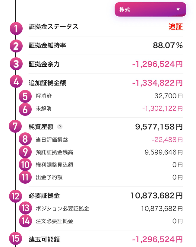 アセット別の資産状況 追加証拠金額発生時
