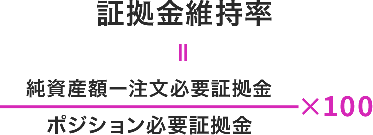 証拠金維持率＝（純資産額ー注文必要証拠金）/　ポジション必要証拠金×１００